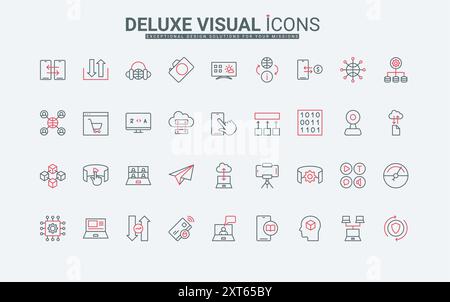 Digitale Datenverarbeitungstechnologie, Analysen, Informationen verwenden Liniensymbole. Datenverkehr, Video- und Social-Media-Chat – dünne schwarze und rote Umrisssymbole für die Vektorillustration mobiler Apps Stock Vektor