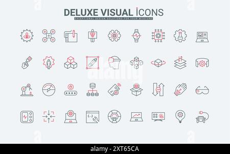 Zeilensymbole für digitale Technologie, KI-Entwicklung und intelligente Geräte. Passwortzugriff auf Server und Laptop, Handschuhe und Virtual-Reality-Brillen dünne schwarze und rote Umrisssymbole Vektorillustration Stock Vektor