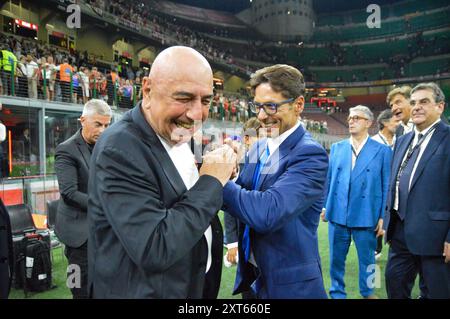 Pier Silvio Berlusconi, Direktor von Mediaset, und Adriano Galliani, Direktor des AC Monza während 2Â° Trofeo Silvio Berlusconi - AC Milan-AC Monza - Stadio San Siro während der Berlusconi Trophy - AC Milan vs AC Monza, Freundschaftsfußballspiel in Mailand, Italien, 13. August 2024 Stockfoto