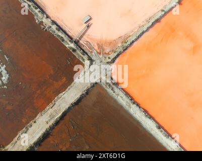 Blick aus der Vogelperspektive auf die Salzminen von La Manga, Salztisch, mit leuchtenden Farben in Orange, Rot und Rosa, die für einen Maler zum Malen bereit sind Stockfoto