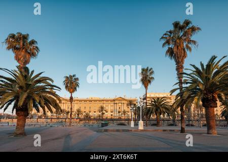 Passeig de Colom, Allee und Promenade gesäumt von Palmen an der Innenstadt von Barcelona, Katalonien, Spanien. Stockfoto