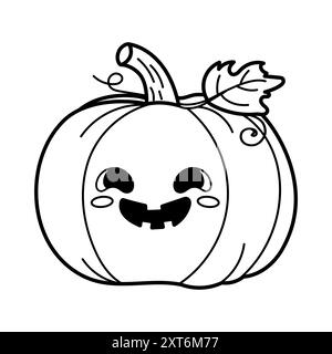 Die Vektor-Illustration zeigt einen süßen lächelnden Kürbis mit großen Augen und einem verspielten Blattdetail. Perfekt zum Ausmalen von Büchern Stock Vektor