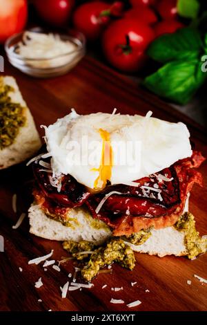 Pochiertes Ei-Sandwich mit gebratenem Schinken und Tomaten: Frühstücks-Sandwich mit weichem Ei, Schinken und Pflaumentomaten auf einem Ciabatta-Brötchen mit Pesto Stockfoto