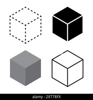 Symbole für geometrische Würfel. Schwarz weiß grau. Verschiedene Würfelstile. Vektorformen. Stock Vektor