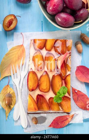 Leckerer und süßer Pflaumenschwamm-Kuchen aus Gelee und Früchten. Veganer Obstkuchen. Stockfoto