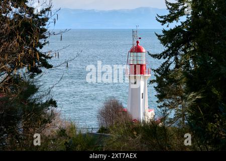 Historisches Sheringham Point Lighthouse Sooke BC. Sheringham Point Leuchtturm auf Vancouver Island mit Blick auf die Straße von Juan de Fuca. Stockfoto