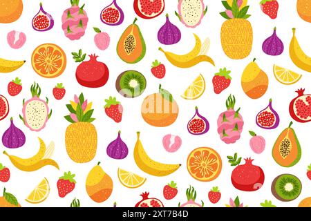 Früchte Beeren handgezeichnetes nahtloses Muster. Geschnittene Orange, Papaya Ananas, Drachenfrüchte trendiger grenzenloser Hintergrund. Saftige Kiwi, Bananengranatapfel, Erdbeere, Kirsche endlose Cartoon Vektor-Design Stock Vektor