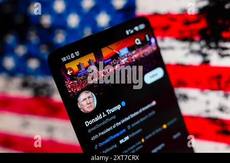 Paraguay. August 2024. In dieser Fotoabbildung wird ein offizielles X-Profil des ehemaligen US-Präsidenten Donald Trump (Twitter) auf einem Smartphone angezeigt. Trump kehrte nach dreieinhalb Jahren Pause in die sozialen Medien zurück. Quelle: SOPA Images Limited/Alamy Live News Stockfoto