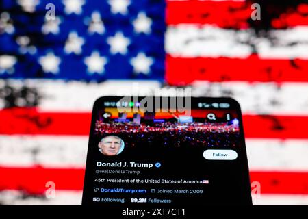 Paraguay. August 2024. In dieser Fotoabbildung wird ein offizielles X-Profil des ehemaligen US-Präsidenten Donald Trump (Twitter) auf einem Smartphone angezeigt. Trump kehrte nach dreieinhalb Jahren Pause in die sozialen Medien zurück. Quelle: SOPA Images Limited/Alamy Live News Stockfoto