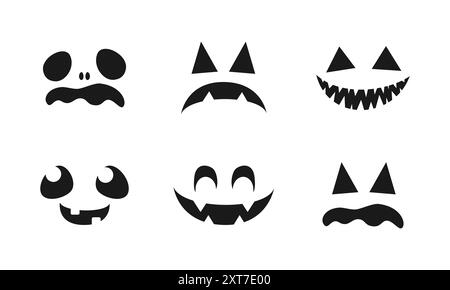 Set Mit Gruseligen Monster-Gesichtern. Jack O Laterne Face Halloween Kürbis Icon Kollektion. Einfache Gruselige Horror-Illustrationen. Stock Vektor