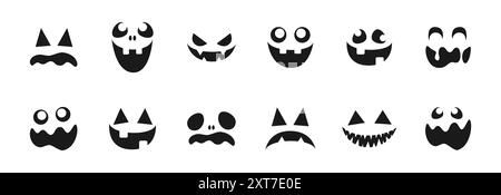 Set Mit Gruseligen Monster-Gesichtern. Jack O Laterne Face Halloween Kürbis Icon Kollektion. Einfache Gruselige Horror-Illustrationen. Stock Vektor
