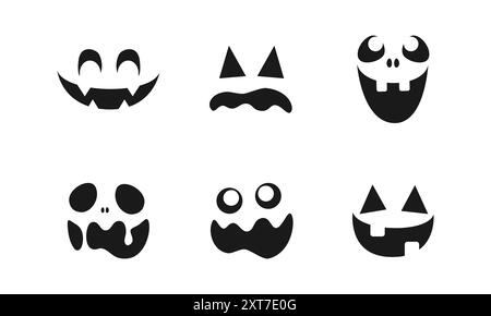 Set Mit Gruseligen Monster-Gesichtern. Jack O Laterne Face Halloween Kürbis Icon Kollektion. Einfache Gruselige Horror-Illustrationen. Stock Vektor