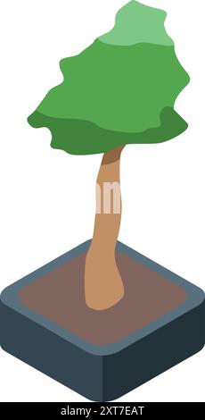 Der kleine Bonsaibaum wächst in einem Topf und symbolisiert Frieden, Natur und die Kunst des Bonsais Stock Vektor