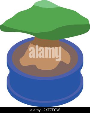 Kleiner Bonsai-Baum, der in isometrischer Sicht des blauen Topfes wächst Stock Vektor