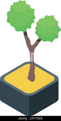 Isometrische Darstellung eines kleinen Bonsaibaums, der in einem quadratischen Topf wächst Stock Vektor