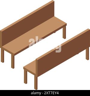 Zwei lange Holzbänke mit Rückenlehne auf weißem Hintergrund, isometrische Ansicht Stock Vektor