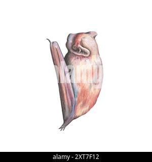 Fledermaus mit gefalteten Flügeln, gewöhnlicher Noctule, isoliert auf weiß. Handgezeichnete realistische Farbdarstellung. Stockfoto