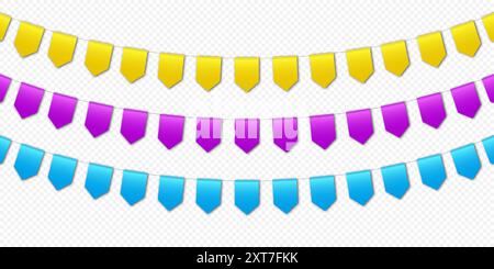 Bunte Fahnen, Karnevalsparty-Fahnen, festliche Wimpel, die an einem Seil hängen. Stock Vektor