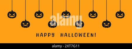 Happy Halloween Banner oder Borte mit Jack o Laterne Kürbisse Silhouette. Hängende Spooky Ornamente Dekoration Vektor Illustration, Trick oder Treat Teil Stock Vektor