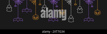Happy Halloween Banner oder Borte mit Fledermäusen, Geist und Jack o Laterne Kürbisse. Glühende hängende Spooky Ornamente Dekoration Vektor-Illustration, Trick Stock Vektor