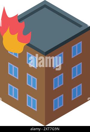 Brennendes Appartementgebäude mit Flammen, die aus der Isometrie des Dachs kommen Stock Vektor