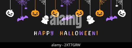 Happy Halloween Banner oder Borte mit leuchtenden Fledermäusen, Geist und Jack o Laterne Kürbisse. Hängende Spooky Ornamente Dekoration Vektor-Illustration, Trick Stock Vektor