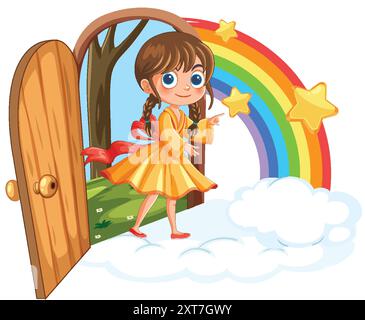 Mädchen, das durch die Tür in die Regenbogenwelt geht Stock Vektor