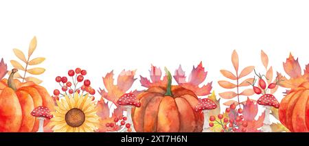 Herbstblätter mit Beeren, Kürbissen und Pilzen. Nahtloser Rand. Handgezeichneter isolierter botanischer Rahmen. Aquarellabbildung. Hintergrund für Stockfoto