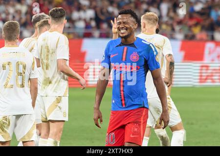 Bukarest, Rumänien. 13. August 2024: Siyabonga Ngezana von FCSB reagiert während der UEFA Champions League, dem dritten Qualifikationsrunde des 2. Legs zwischen FCSB und AC Sparta Praha, im Steaua-Stadion in Bukarest. Quelle: Lucian Alecu/Alamy Live News Stockfoto