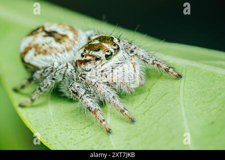 Schließen Sie eine kleine Springspinne auf grünen Blättern, bunten Springspinne. Stockfoto