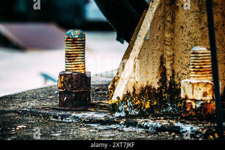 Rostige Schrauben, die eine Metallkonstruktion halten, zeigen Korrosion, ein häufiges Problem in der Ingenieurbranche. Stockfoto