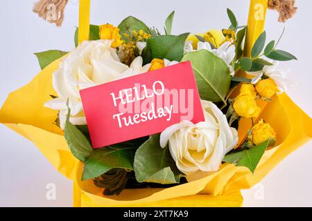 Die Worte HALLO DIENSTAG auf einer purpurroten Jacke in einem Blumenstrauß auf grauem Hintergrund Stockfoto