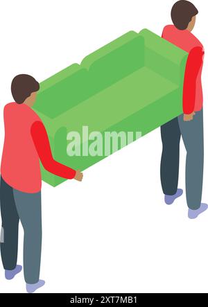 Zwei Umzugswagen tragen vorsichtig ein grünes Sofa, was einen professionellen Umzugsservice veranschaulicht Stock Vektor