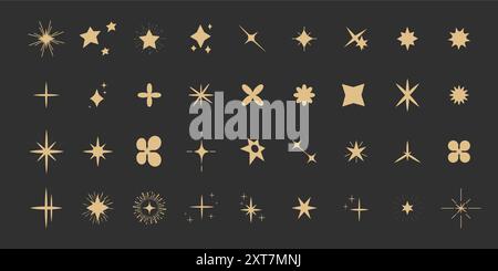 Goldene Glanzsymbole, Licht, Blinkstern, minimale Form, goldene Dekoration. Funkelnder magischer Comic-Glanz isoliert auf dunklem Hintergrund. Vektorabbildung Stock Vektor