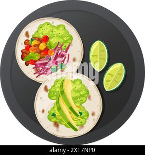 Zwei Tacos mit Limettenkeilen auf einem Teller Stock Vektor