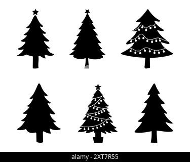 Schwarz-weißes Weihnachtsbaum Silhouette Vektor-Set mit festlichen Lichtern Stock Vektor