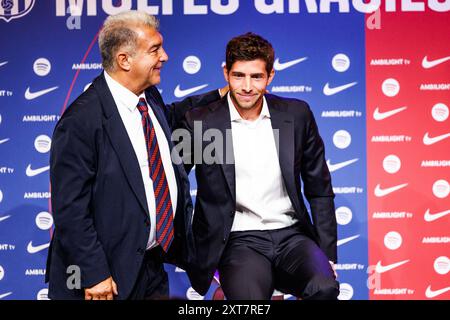 Joan Laporta, Präsident des FC Barcelona, Pressekonferenz von Sergi Roberto zum Ausscheiden des FC Barcelona am 13. August 2024 im Auditorio 1899 in Barcelona, Spanien Stockfoto