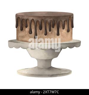 Weihnachtsschokoladentorte auf einem weißen Keramikständer. Die Abbildung ist in Aquarell gezeichnet Stockfoto