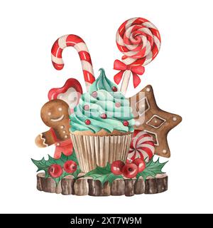 Weihnachtsbonbons, Leckereien, Lebkuchen, Lutscher, Cupcake, Muffin, stechpalme. Die Komposition ist auf einem Holzständer. Die Abbildung ist handgezeichnet Stockfoto