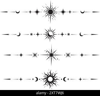 Magische Vektorgrenze mit Himmelssternen Sonne und Mond. Astrologie-Fantasy-dekoratives Ornament. Teiler mit mystischen spirituellen Symbolen. Astralminimal Stock Vektor