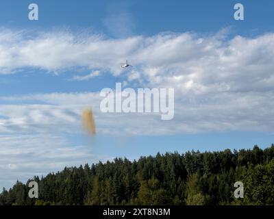 Waldkalkung mit einem Hubschrauber gegen Rindenkäfer und Schädlingsbekämpfung Stockfoto