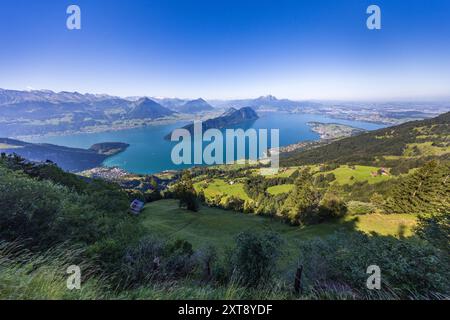 Blick auf den Vierwaldstättersee vom Berghaus Unterstetten. Vitznau, Luzern, Schweiz Stockfoto