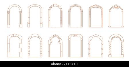 Art Deco-Bogenfenster, Türrahmen mit Vektorlinien-Ornamenten und Boho-Formen-Rahmen. Vintage-Architektur und Innenelemente, Art-Deco-Bogenrahmen mit Säulen und dekorativem Ziegelwerk Stock Vektor