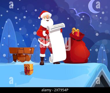 Weihnachtsmann mit Wunschliste auf dem Hausdach mit Geschenktüte für Weihnachten Winterferien, Cartoon Vektor. Weihnachtsmann liest Wünsche auf der Liste im Kamin auf dem Dach des Hauses im Schnee mit Neujahrsgeschenkboxen in der Tasche Stock Vektor
