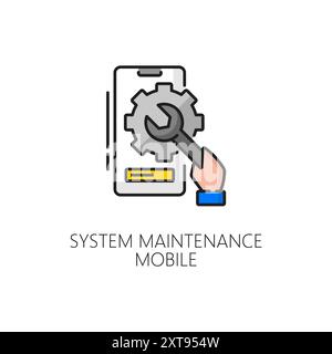 Symbol für Wartungs- und Aktualisierungslinien für mobile Systeme. Smartphone-System-Wartungstechnologie, PC-App-Service Download lineares Vektorsymbol mit Smartphone, Zahnrad und menschlicher Hand, Halteschlüssel, Stock Vektor