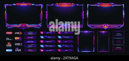 Neon-Overlay-Rahmen für den Spielbildschirm und das Bedienfeld, Vektor-GUI-Schaltflächen und -Steuerelemente. Online-Live-Stream-Spieloberfläche mit Neonbars mit Spielernamen und UI-Informationsschildern, Chat- und Menüoptionen Stock Vektor