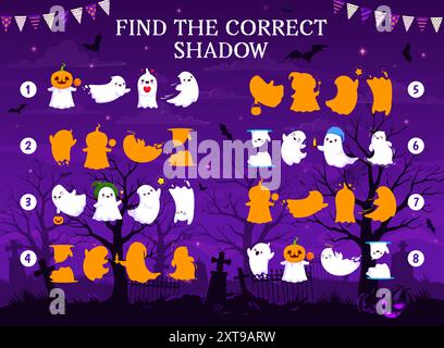 Finde den richtigen Schatten für halloween-Kawaii-Geister, Spieltabelle für Kinder. Shadow Match Kinderspiel, Ähnlichkeitssuche Puzzle oder Vektor-Quiz mit lustigen Kawaii-Geisterfiguren und Friedhof-Hintergrund Stock Vektor
