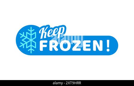 Blaues Symbol für gefrorene kalte Produkte. Isolierter Vektoraufkleber, mit Schneeflocken- oder Frostsymbol und Frosttyp beibehalten. Etikett für gekühlte Lebensmittelverpackungen oder eiskalte Konservierungsartikel Stock Vektor
