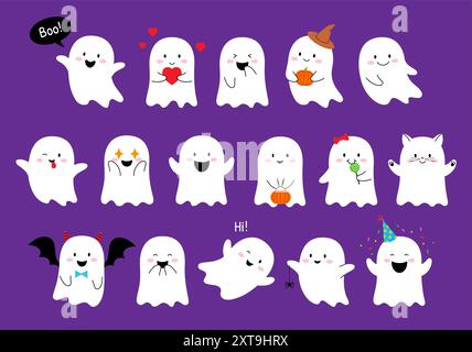 Cartoon Halloween-Kawaii-Geister-Charaktere. Niedliche Halloween Monster Vektorfiguren mit Kürbissen, Hexenhut, Katzengesicht und Herzen, Dracula Vampirflederflederflügel, Teufelshörner und Süßigkeiten Stock Vektor