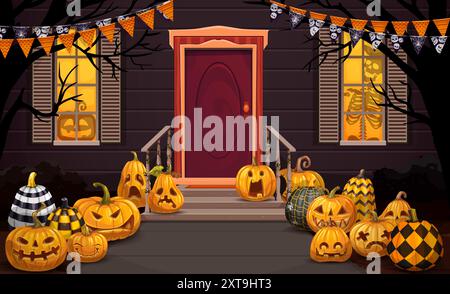 Halloween dekorierte Türveranda mit Wimpelgirlanden, gruseligen gemusterten Kürbissen und gruseligen Silhouetten von Vektorskelett und Schädel. Halloween Trick or Treat Horror Night Ferienhaus Dekor mit Fahnen Stock Vektor